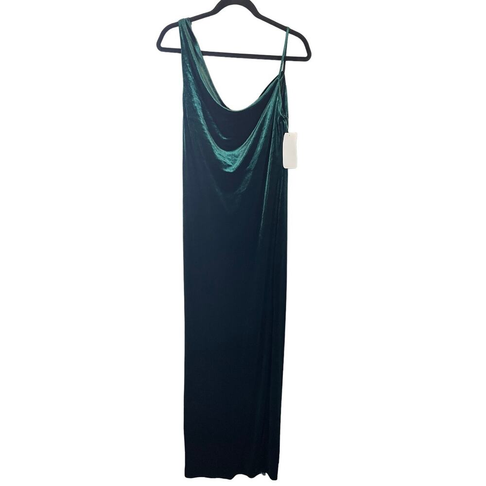 Social Bridesmaids Asymmetrical Velvet Maxi Slip Dress in Evergreen - Picture 2 of 5